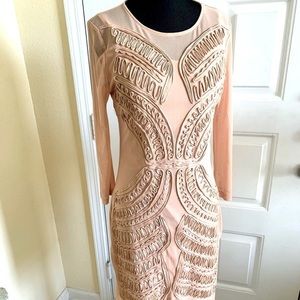 Tan Nude Illusion Body Conscious Long Sleeve Embellished Party Dress Size M
